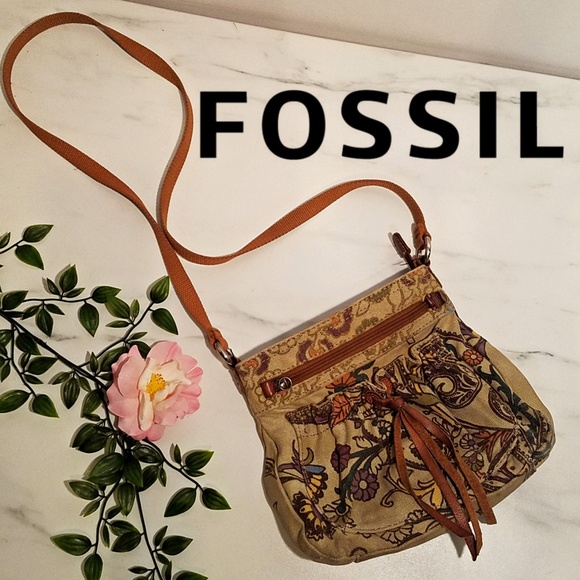 Fossil Handbags - Fossil boho canvas floral tassle crossbody purse